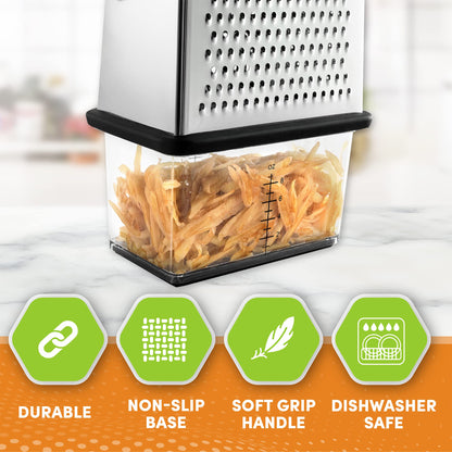 Spring Chef Professional 10" Parmesan Cheese Grater With Container, Stainless Steel & Soft Grip Handle, 4 Sided Kitchen Cheese Shredder, Handheld Box Grater for Vegetables, Potato, Carrot - Black