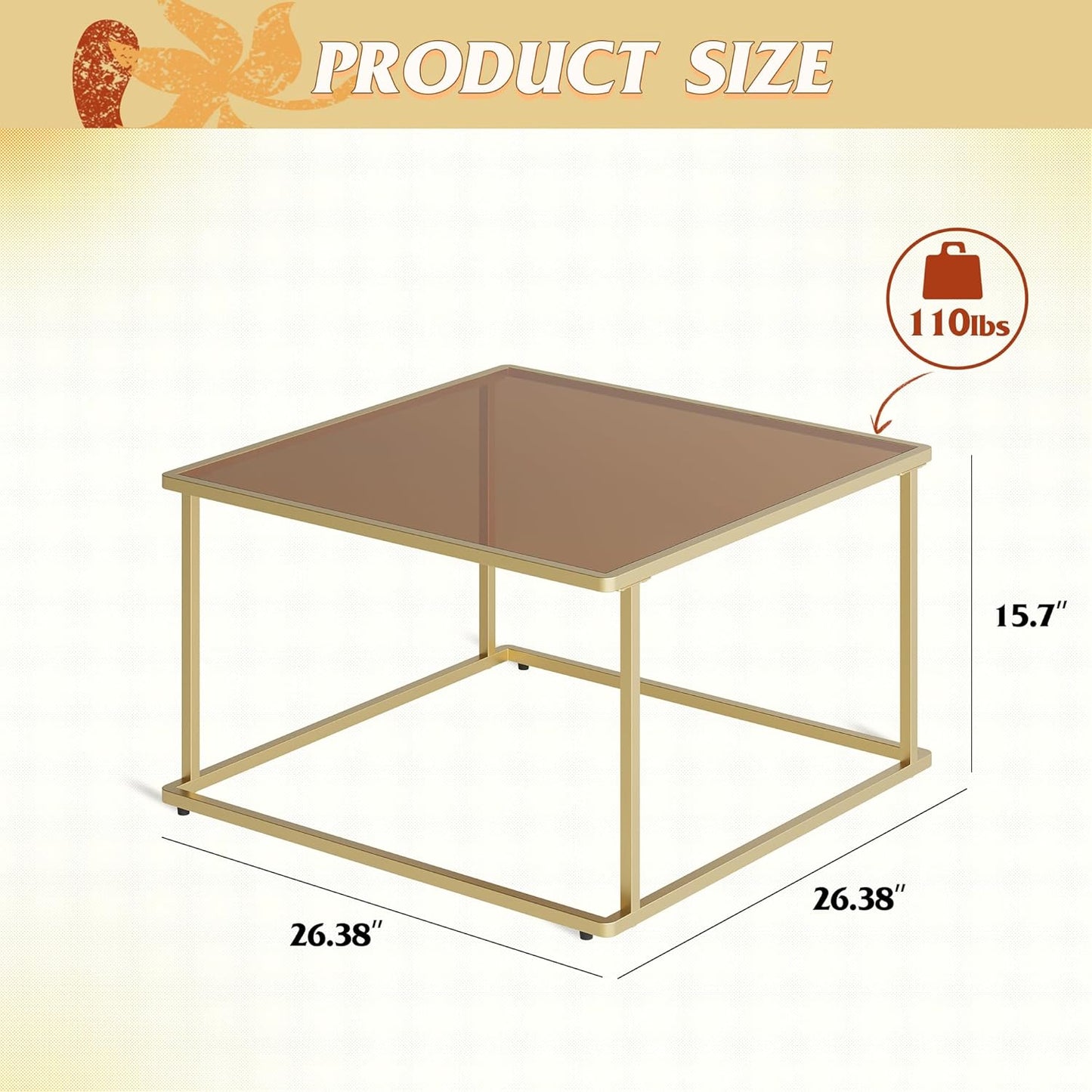 26.4 26.4in, WLIVE Coffee Table, Glass Coffee Table for Living Room, Modern Small Coffee Table with Tempered Glass