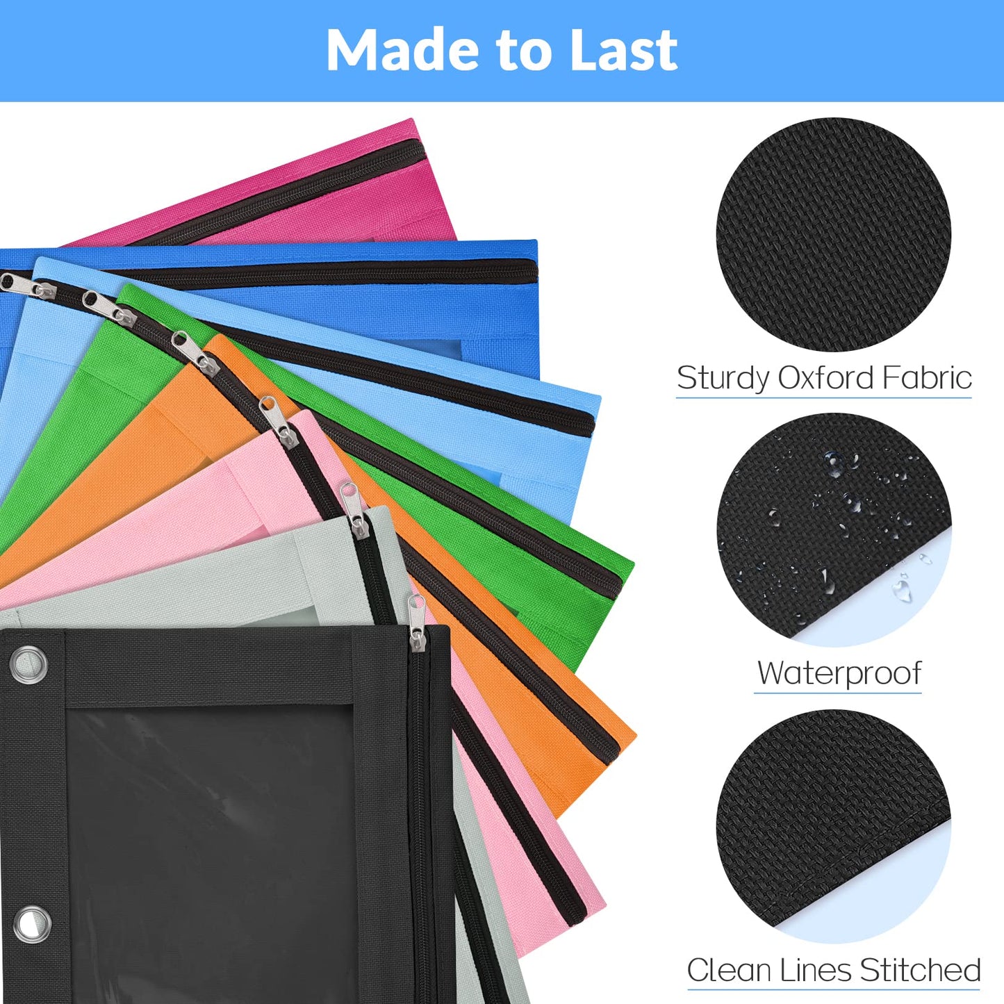 Sooez Pencil Pouch for 3 Ring Binder, 2 Pack Binder Pencil Pouch with Clear Window Pencil Bags with Zipper & Reinforced Grommets, Pencil Case for Binder Black & Black