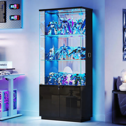HNEBC 71'' Display Cabinet with Glass Doors&3 Color Lights&Lockable for Bedroom Black,High Gloss Curio Cabinet with Adjustable Glass Shelf 3-Tier Bookcase for Living Room