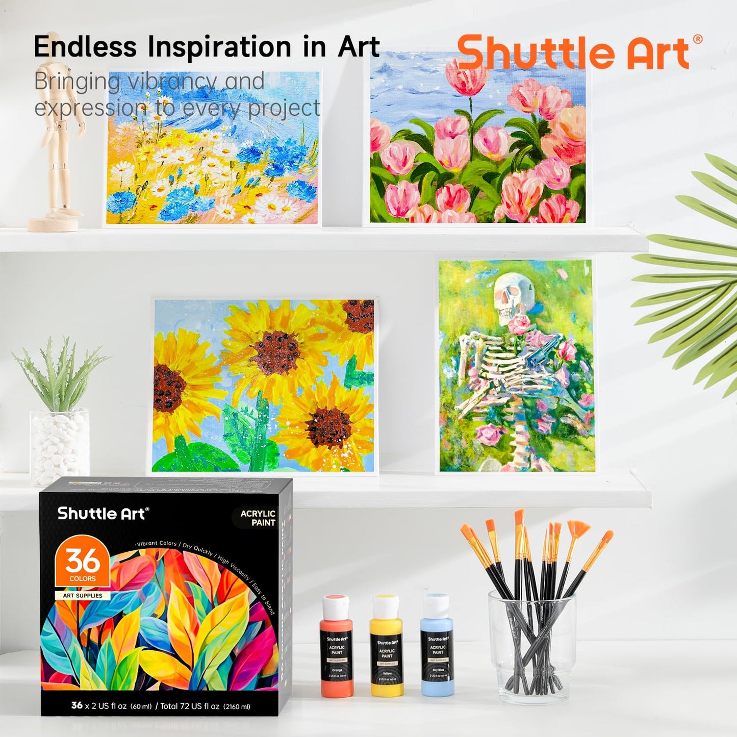 Shuttle Art Acrylic Paint, 36 Colors Acrylic Paint Set with Brushes & Palette, 2oz/60ml Bottles, Rich Pigments Non-toxic for Artists Kids & Adults, Painting on Canvas Rocks Ceramic Wood
