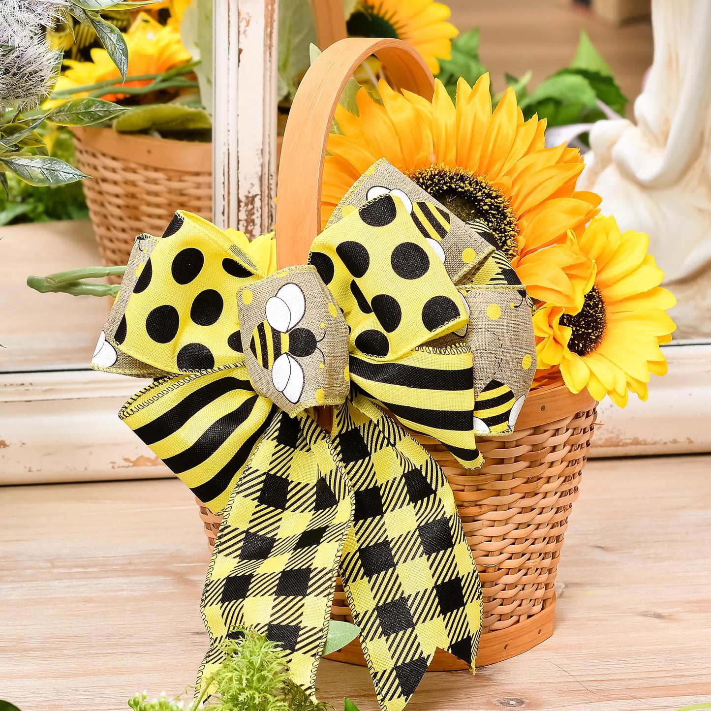 Ribest Bumble Bee Ribbon Wired, 2-1/2 Inch Polka Dot Striped Plaid Black and Yellow Decorative Ribbon for Wreaths Crafts Gift Wrapping Bows Making Summer Decoration, 4 Rolls Total 20 Yard