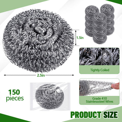 Honeydak 150 Pack Stainless Steel Scourers Steel Wool Scrubbers Bulk Separately Packaged 2.5 Inch, 15 Gram Metal Scourers Sponges Wire Scouring Pad for Stove Pot Pan Oven Kitchen Restaurant(Classic)