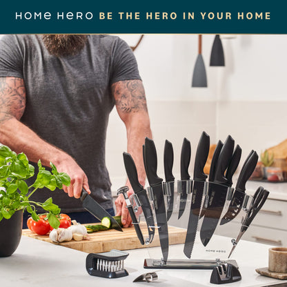 Home Hero Kitchen Knife Set with Sharpener - High Carbon Stainless Steel Knife Block Set with Ergonomic Handles (20 Pcs - Acrylic Black)
