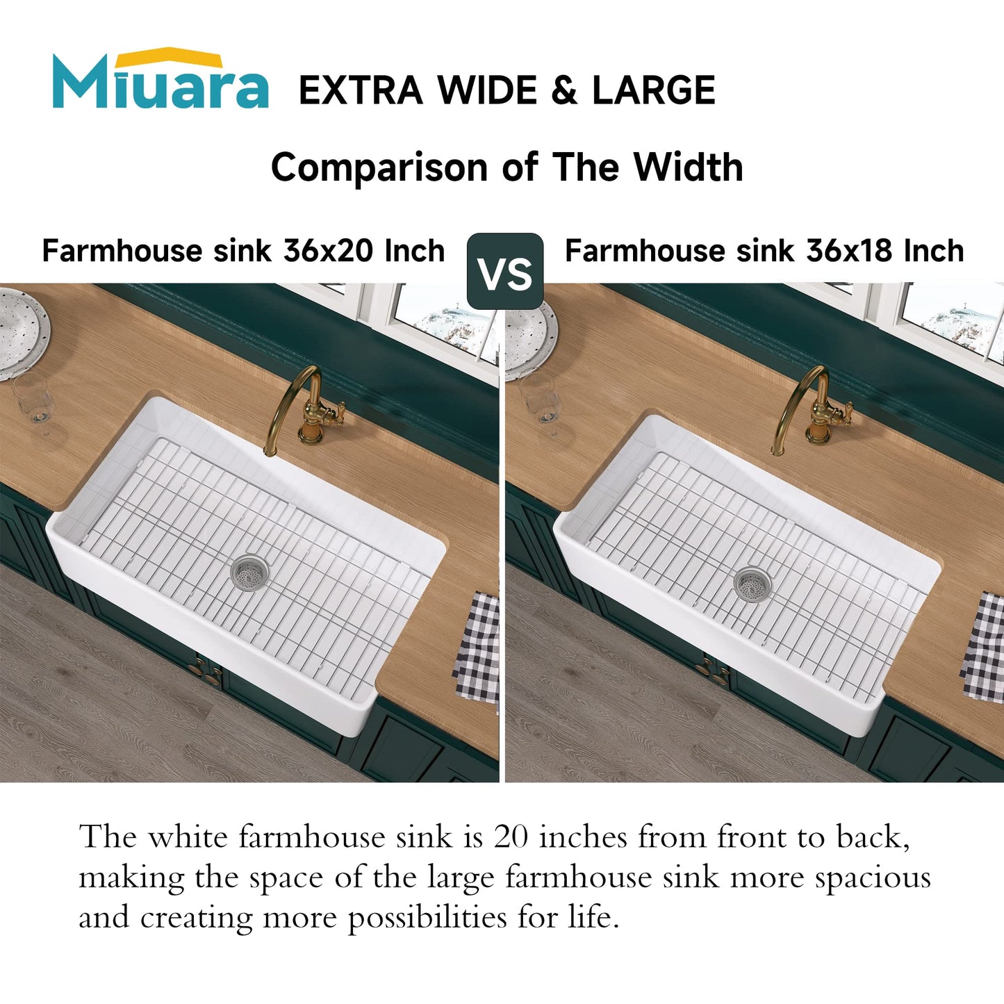 Miuara Farmhouse Sink 36 Inch - Extra Large Apron Front Kitchen Sink Reversible 36"x20"x10", Undermount, Farm House Style Deep Single Bowl, Heavy Duty Solid Fireclay, Glossy White, for Kitchen