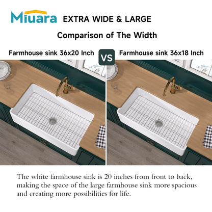 Miuara Farmhouse Sink 36 Inch - Extra Large Apron Front Kitchen Sink Reversible 36"x20"x10", Undermount, Farm House Style Deep Single Bowl, Heavy Duty Solid Fireclay, Glossy White, for Kitchen