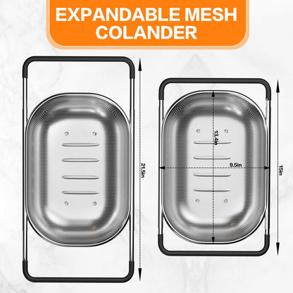 Over the Sink Colander - Strainers and Colanders - Sink Strainer Basket - Expandable Fine Mesh Strainer with Rubber Grip for Veggie, Fruits, Pasta, Home Kitchen Essentials (9.5W x 13.4-21.3L x 3.3H)