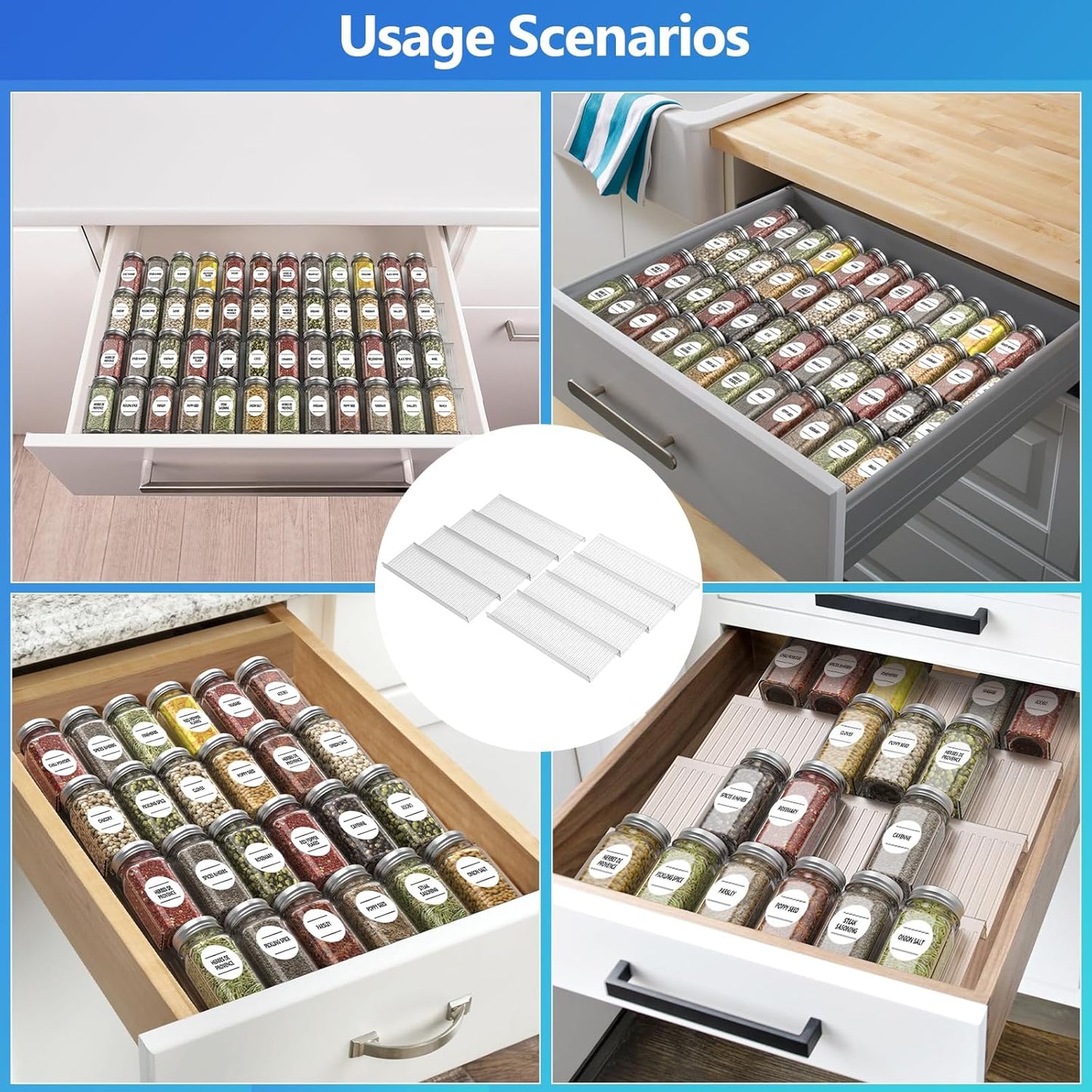 Spice Drawer Organizer, 4 Tier Clear Acrylic Rack for Kitchen, Expandable from 13" to 26" Spice Rack Tray (8 Pcs Clear)