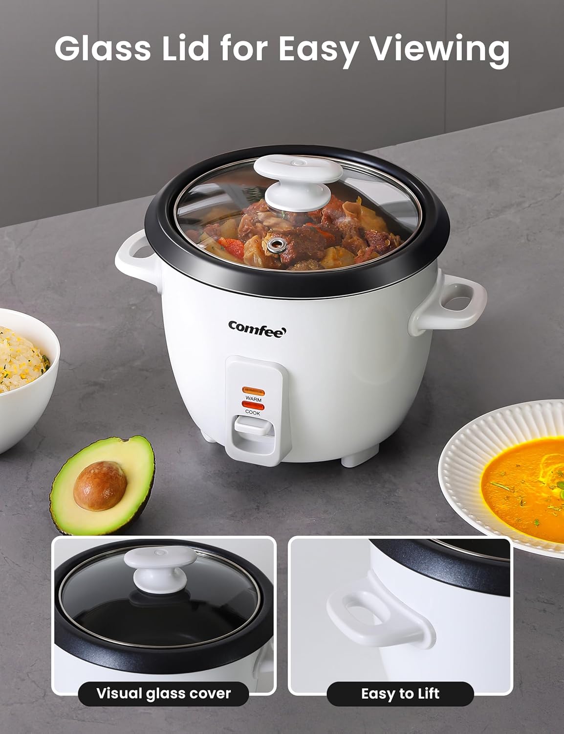 COMFEE' Rice Cooker, 6-Cup Cooked/3-Cup Uncooked, One Touch, Removable Non-Stick Bowl, White for Soups, Stews, Grains &