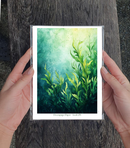 Decoupage Paper Pack (35 Sheets 6"x8") Underwater Greens: Beautifully Painted Aquatic Plants Swaying in The Ocean Depths, Illuminated by Ethereal Rays of Sunlight FLONZ Vintage