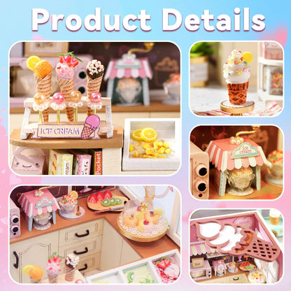 Flever DIY Miniature House Kit, Tiny Home Kit with LED Light, Mini House Build Craft Kits for Adults and Teens, Home Decor Creative Gift for Family/Friends (Happiness ice Cream Shop)