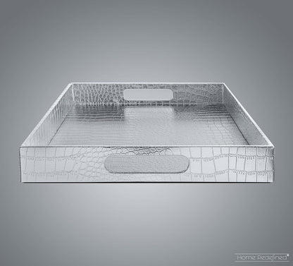 17.5"x12" Home Redefined Silver Glossy Crocodile Faux Leather Serving Tray Beautiful Modern Elegant Decorative Tray