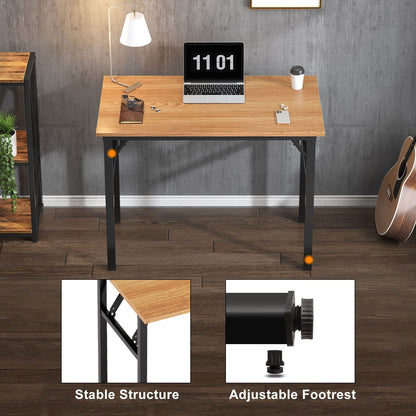 Need 31.5 Inch Folding Desk for Small Spaces, Home Office Computer Desk with Teak Wood Top & Black Frame, Foldable Writing Table for Study, Bedroom, Dorm Room & Student