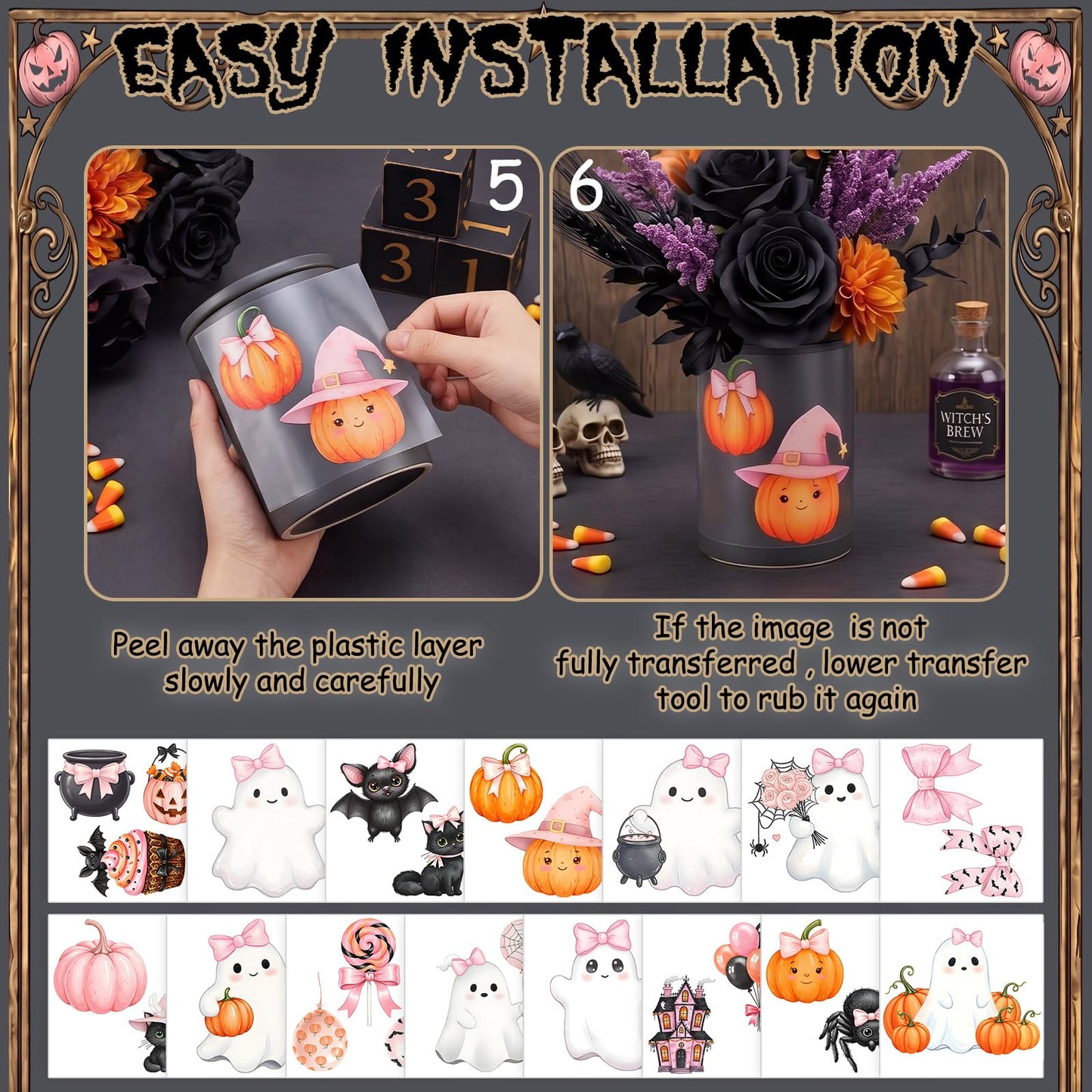 Harloon 15 Sheets Halloween Cute Ghost Rub on Transfers for Crafts Furniture Wood Ornaments Pink Bow Ghost Pumpkin Stickers Rub on Decals for Halloween Scrapbook DIY Wood Fabric Journal Envelope