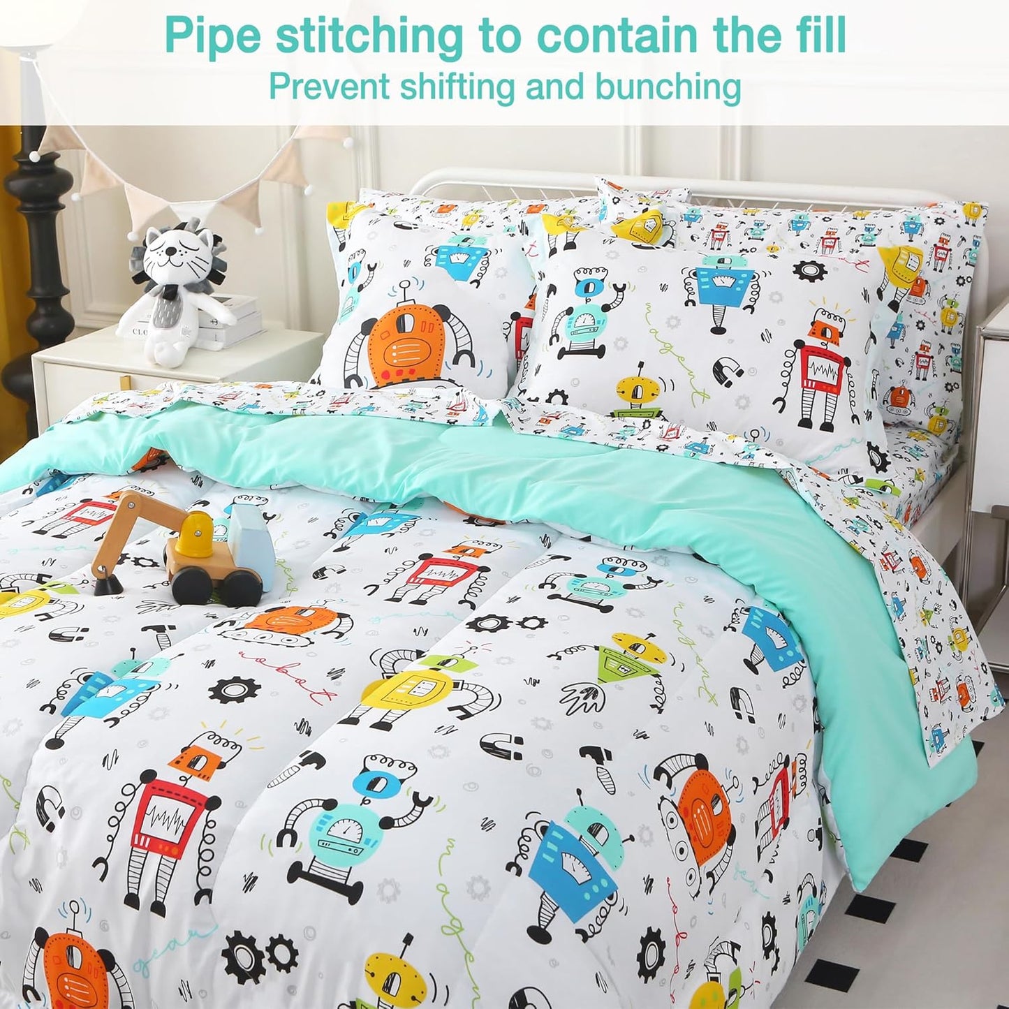 Sets 6 Set Set Mooreeke Twin Size Comforter for Boys Kids, Pieces Bed in a Bag White Robot Bedding Comforter Sheet