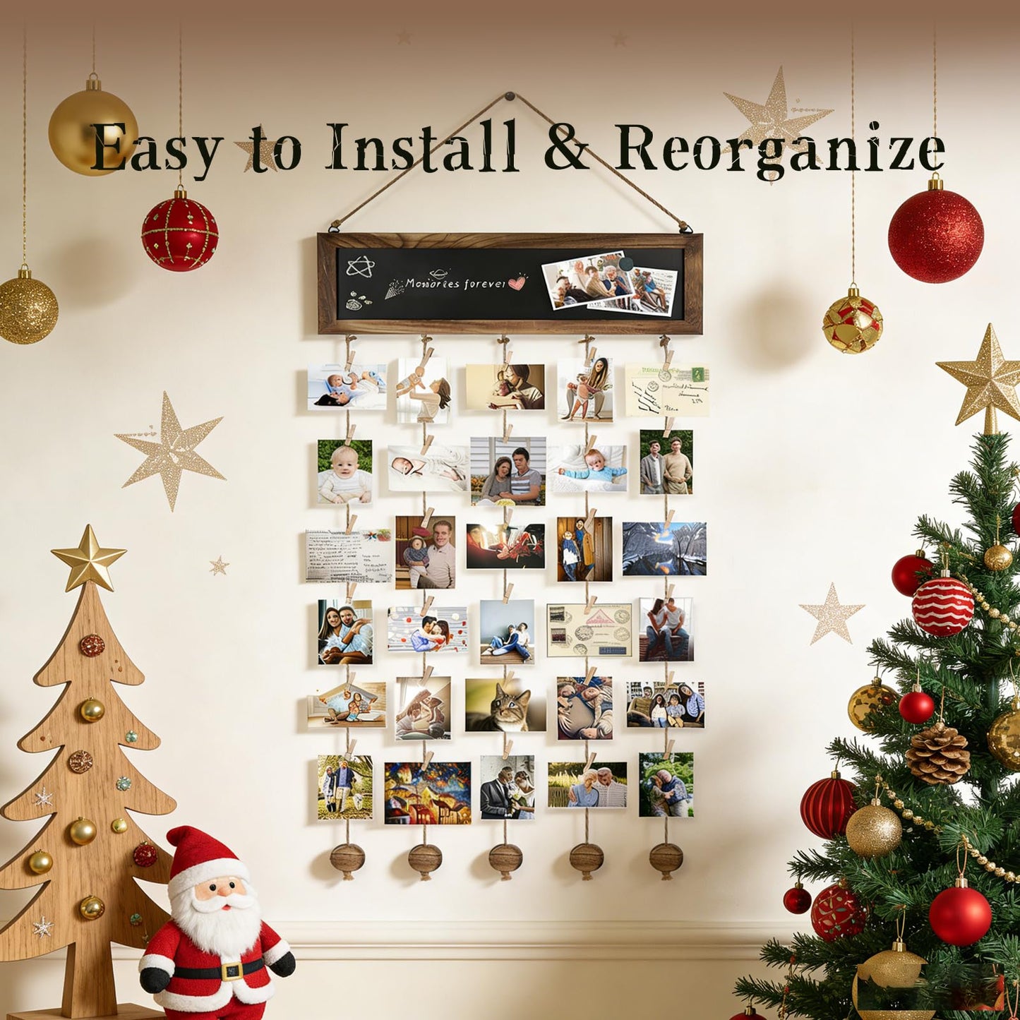 HPZIHYNAP Wooden Photo Board - Hanging Board for Pictures with Clips & Chalkboard, Wall Picture Frame Collage for Home Decor (30 Clips Included)