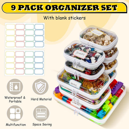 9 Pack Storage(L,2S,6Mini) Clear Hard Shell Zipper Case,Waterproof Toiletry Cosmetic Bag,Toy Organizers and Storage
