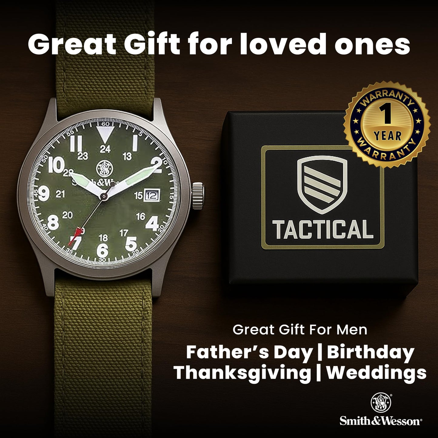 Smith & Wesson Men's Military Watch, 3 Interchangeable Canvas Straps, 3 ATM Water Resistant, Date Display, Scratch Resistant Glass, Military Style Watch for Outdoor Activities, Swimming, 40 mm