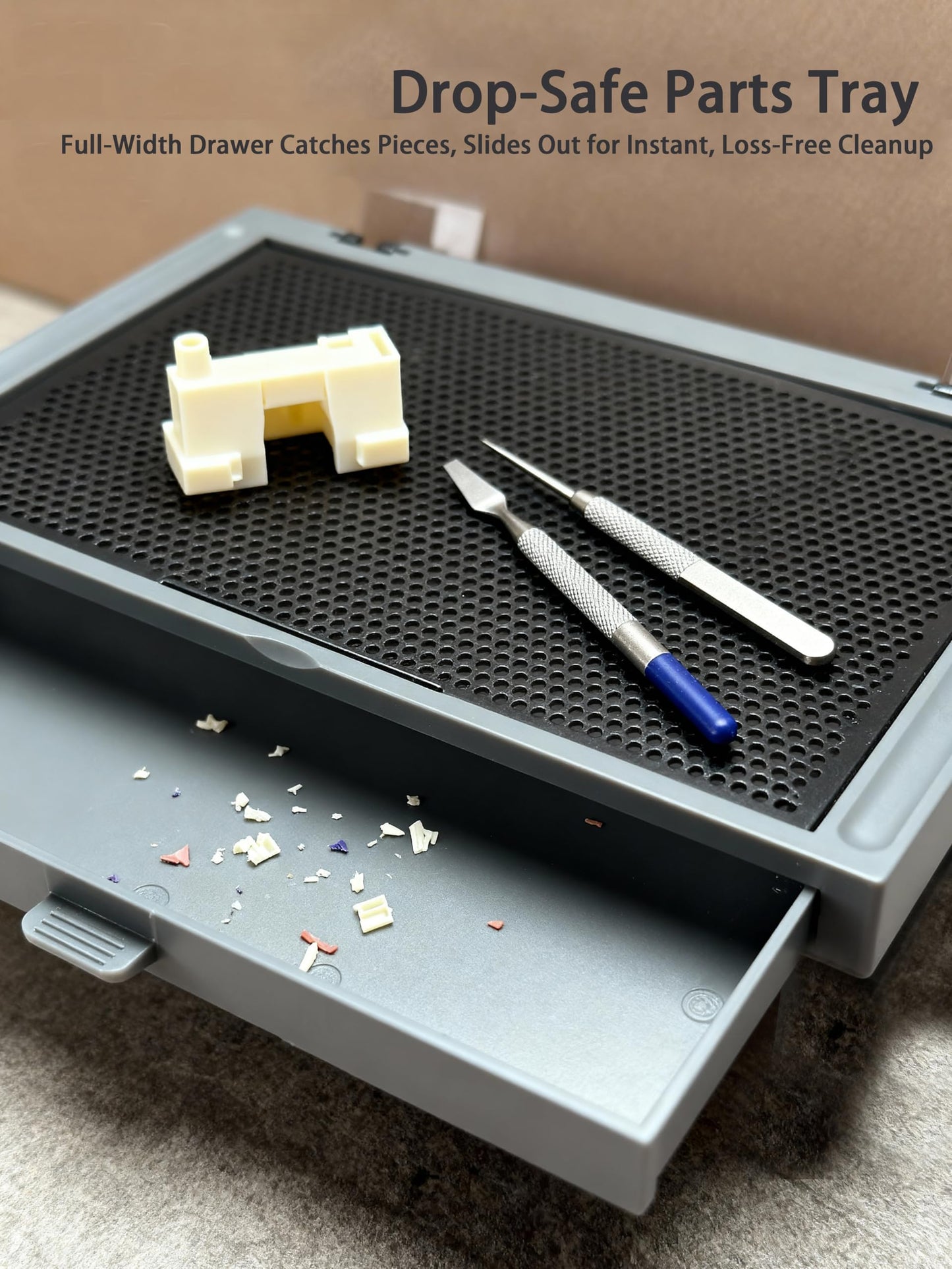 Model Workbench & Model Workstation for Gundam – All-Metal Perforated Top, Double-Sided PVC Cutting Mat, Removable Parts Tray & Text Stand – Compact Tool Bench for Gundam Building & Hobby Assembly