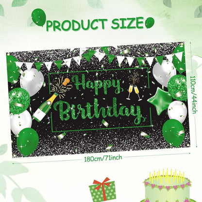 Green Silver Black Happy Birthday Banner Decorations, Champagne Glass Balloons Photo Booth Background for Party Supplies