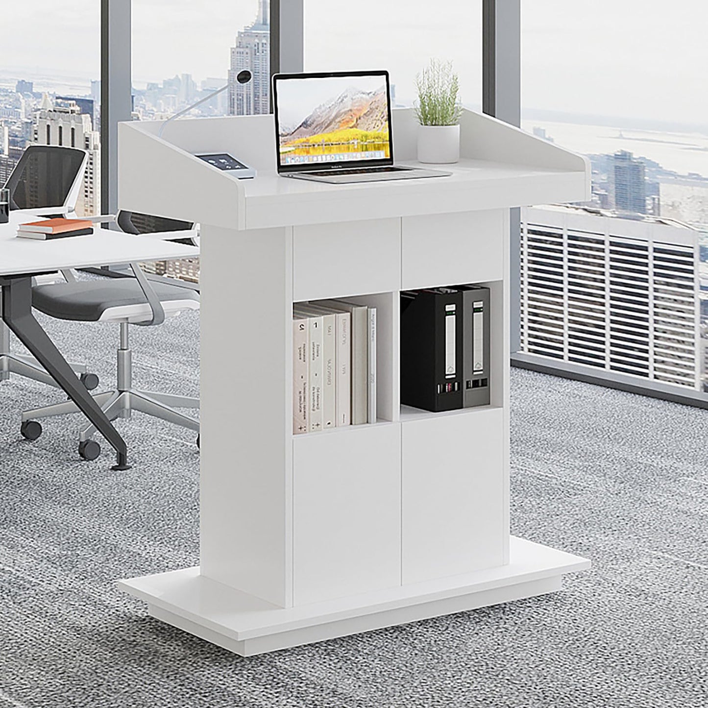 Pulpit Podium Wooden Podium Floor Standing Podiums Teacher Podium Lectern Lecterns & Podiums Church Podium and Pulpits with Wire Holes and Storage (White, L39.4″×W19.68″×H44″)
