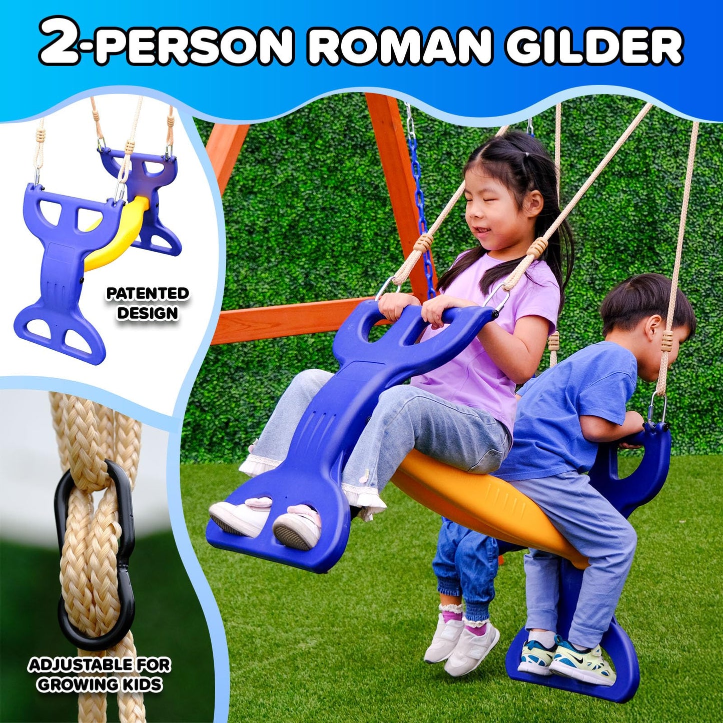 Sportspower Madison Cedar Wooden Swing Set: 2 Height Adjustable Swings and 2 Person Roman Glider Swing, Backyard Outdoor Playset for Kids