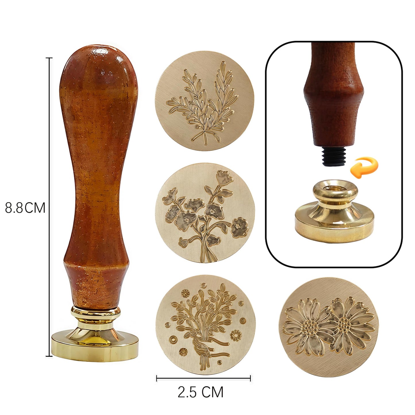 DBEFTLI 4-Piece Botanical Wax Seal Stamp Set – Interchangeable Solid Brass Heads & Wooden Handle – Vintage Floral Collection (Eustoma, Rosemary, Daisy, Tied Bouquet) in Gift Box for Weddings & DIY