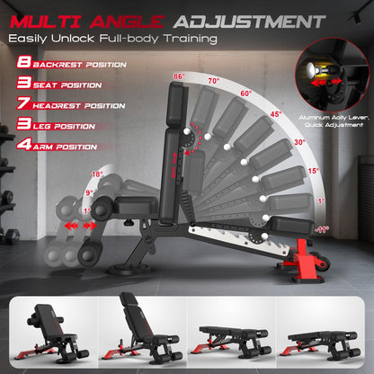 WFLGFT Commercial Adjustable Weight Bench, Heavy Duty 1800LBS Workout Bench for Home Gym, Flat, Decline, Incline Bench Press with Removable Leg and Elbow Support for Full Body Strength Training