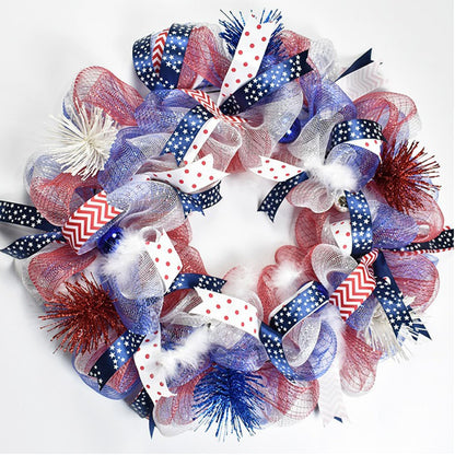 JStnana 3 Rolls Red White and Blue Stripe Deco Mesh Ribbon, 6 Inch x 30FT Per Roll Metallic Foil Burlap Deco Mesh Fabric for 4th of July Independence Day PatrioticWreath Swags Bow Making DIY Craft