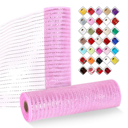 ICOSHOW 2 Rolls Mesh Ribbon for Wreaths 10 Inch x 30 Foot Wreath Mesh Rolls with Metallic Foil for Easter Christmas Party Wedding Home Decor DIY Craft Projects and Gift Wrapping (Pink)