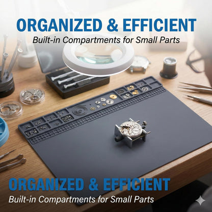 Yulatik Non-Slip Watch Repair Mat with Parts Organizer - Anti-Static Rubber Work Pad for Jewelers & Watchmakers - Gray Maintenance Platform Table Mat with Screw Compartments (13.8" x 9.8")