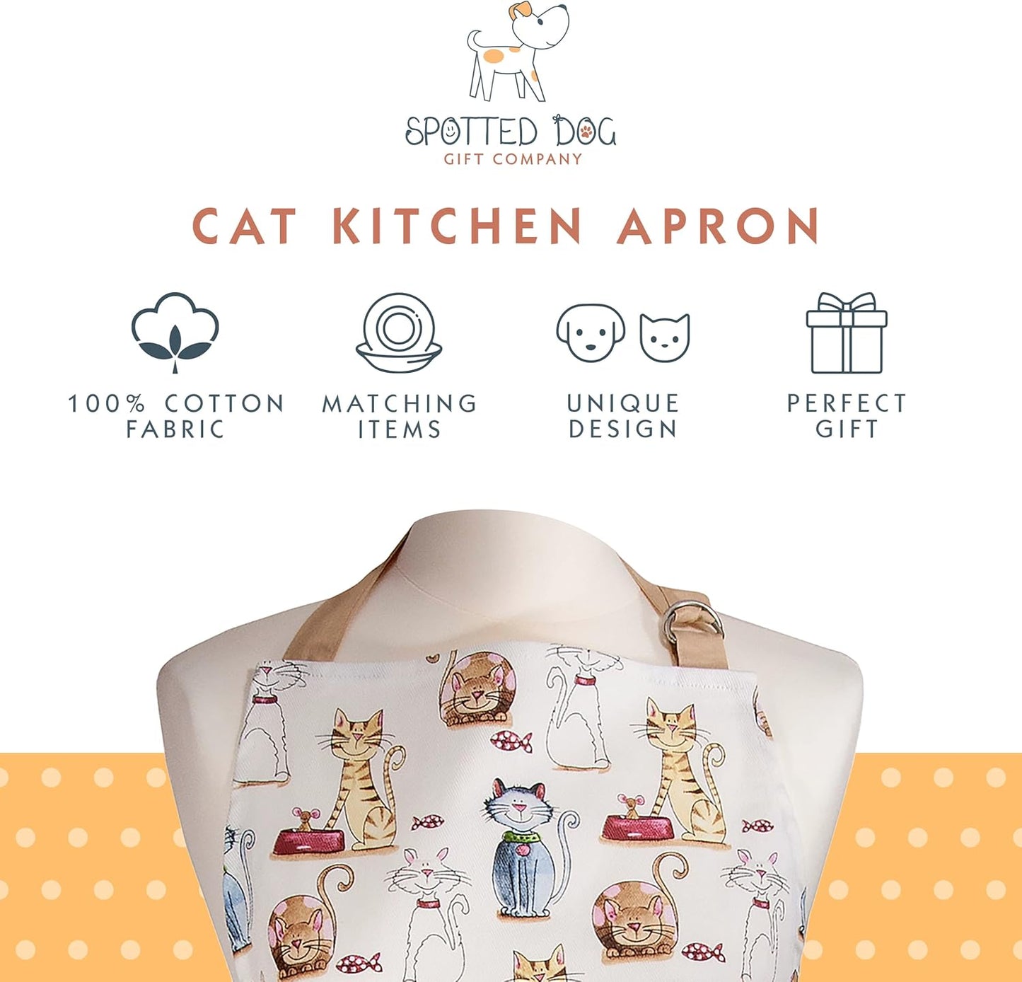 SPOTTED DOG GIFT COMPANY Apron - Cute Cats Themed Kitchenware, 100% Cotton, 37"x28" Cooking and Baking Gift