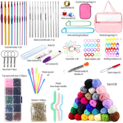 Crochet Kit for Beginners, 336Pcs Crochet Kits with 1500 Yards 30 Colors Yarn for Crocheting, 100Pcs Safety Eyes and Noses, knitting kit Accessories Include 30Pcs Crochet Hooks Waterproof Bag