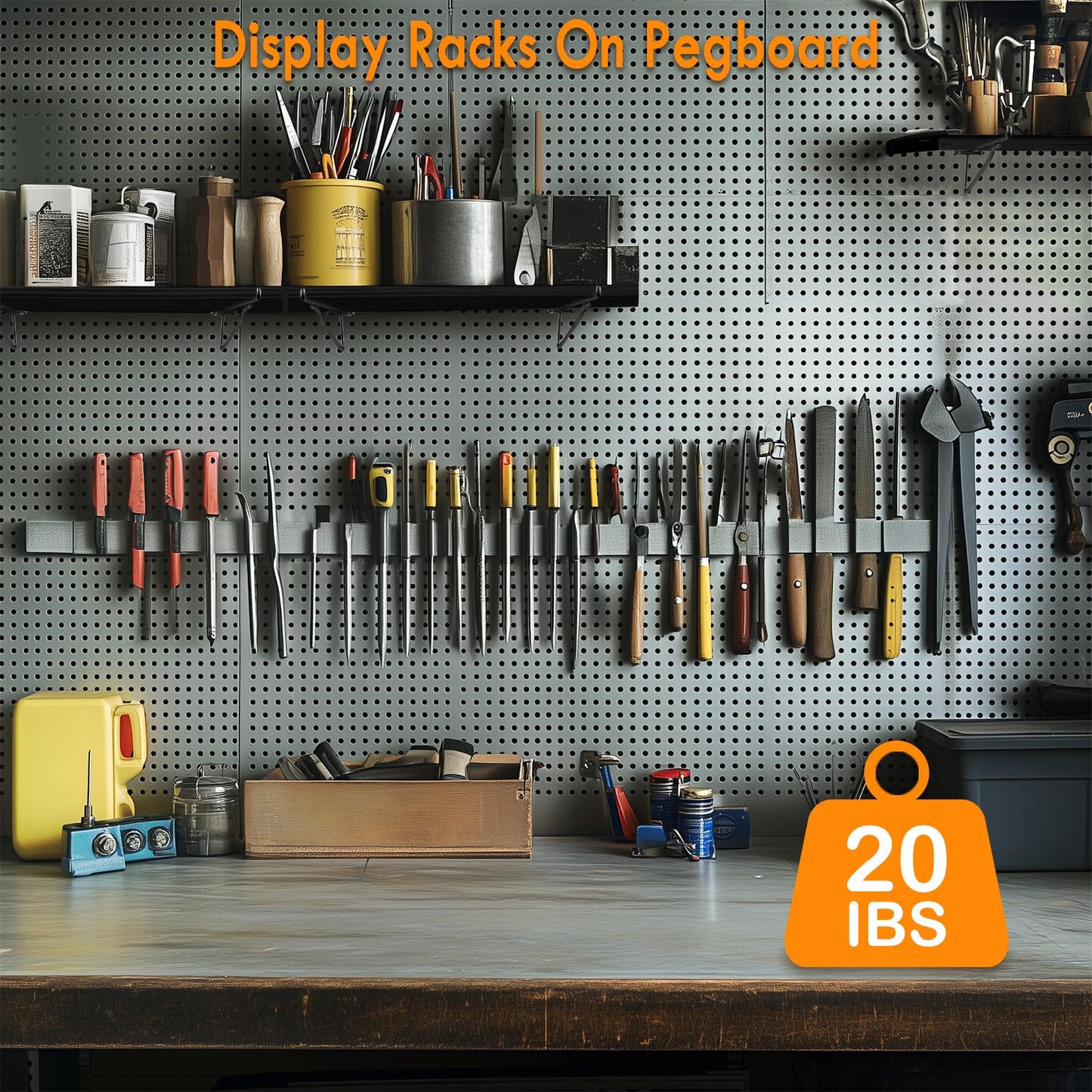 2 Pack Pegboard Shelves with Brackets, Peg Shelf Board with Hooks Fits 1/8" 1/4" Pegs Slots, Peg Board Organizer Accessories Various Tools Storage Arrange System for Garage Craft Workshop Workbench