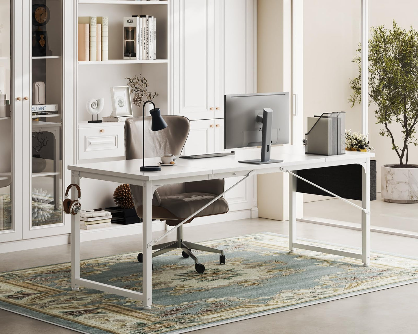 ODK Computer Desk Large Office Desk, 63 Inch Gaming Desk with Storage, Modern PC Work Table with Headphone Hook for Home Office, Splice Board, White + White Leg