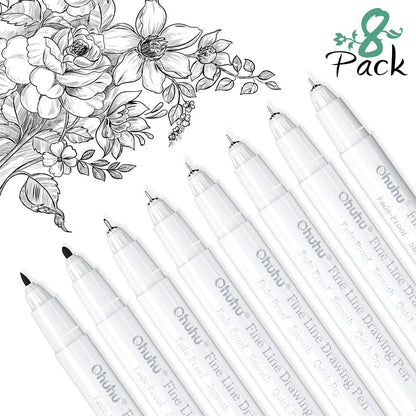 Ohuhu Fineliner Pens Micro Drawing Pens: 8-size Tips (Ultra-fine, Fine & Brush) Waterproof Pigment Black Ink for Illustration Drawing Journaling Sketching for Artist Beginners