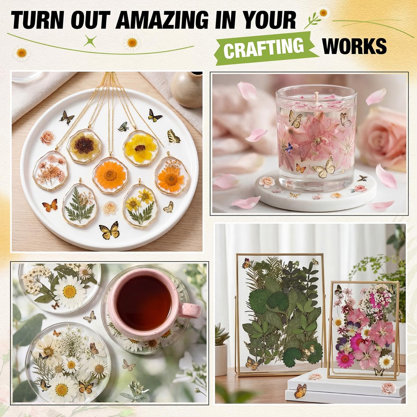 Solsew 160 Pcs Dried Pressed Flowers for Resin Set Natural Pressed Flowers with Butterfly Stickers for Crafts DIY Jewelry Floral Decors Making Nail Art(Wildflower,Light Yellow)