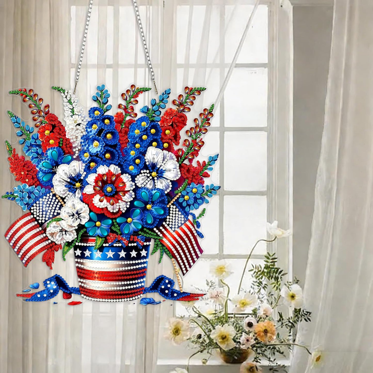 LPDJITO 5D Patriotic Diamond Art Hanging Kits for Adults, Flowers Diamond Painting Flowers Pendant Kits, Special Shape USA Flag Gem Art Suncatcher Ornament for Home Window Wall Decor