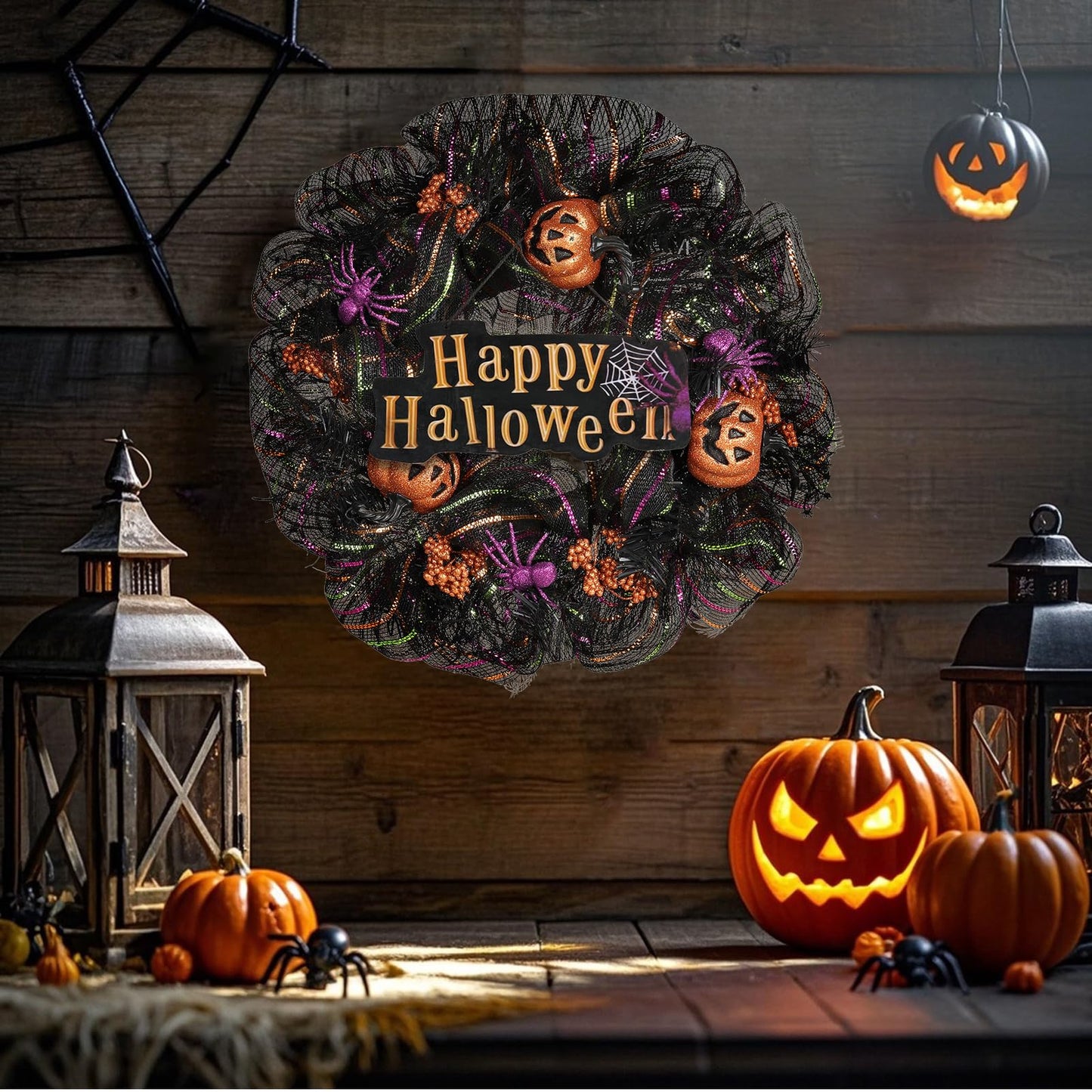 Huadanbor 24 inch Wreath, Halloween Wreath for Front Door, Halloween Spider Decor Pumpkin Skull Wreaths, Wall, Window, Garden and Offices Decor. (Black)