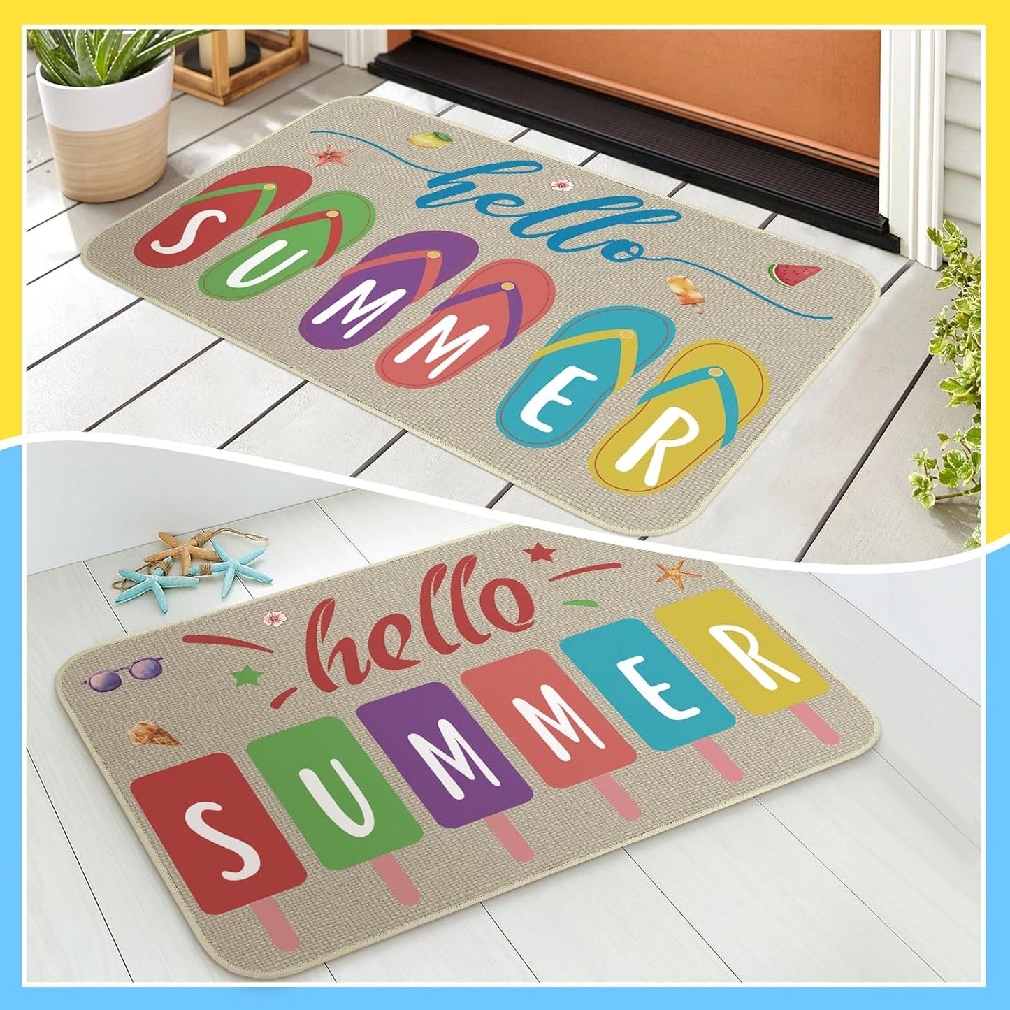 Zhanmai 3 Pcs Hello Summer Door Mat - 23 x 15 Inch, Gnome Decorative Doormat, Non-Slip, Rubber Outdoor Rugs for Summer