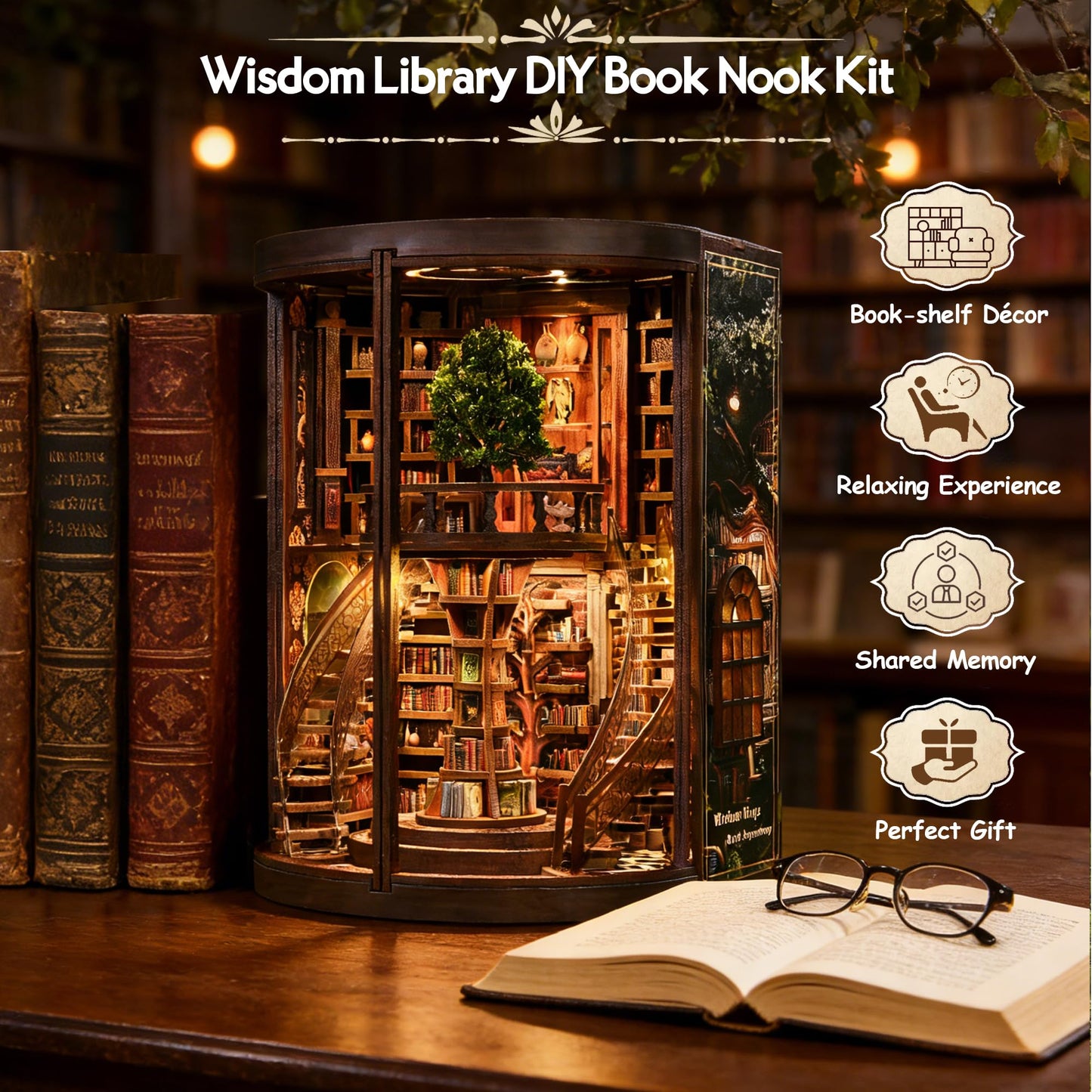 DIY Book Nook Kit with LED Lights | 3D Puzzles for Adults & Teens, Miniatures and Model Building Kits for Bookshelf Decor, Relaxing & Unique Gift for Craft Lovers | Wisdom Library