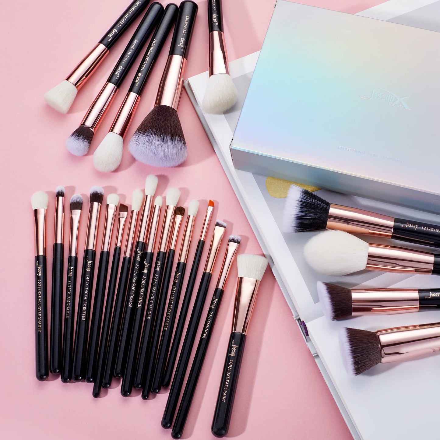 Jessup Brand 25pcs Professional Makeup Brush Set Beauty Cosmetic Foundation Powder Blusher Eyeshadow Blending Highlight Concealer Natural-Synthetic Hair Brushes Set (Pearl White/Silver)