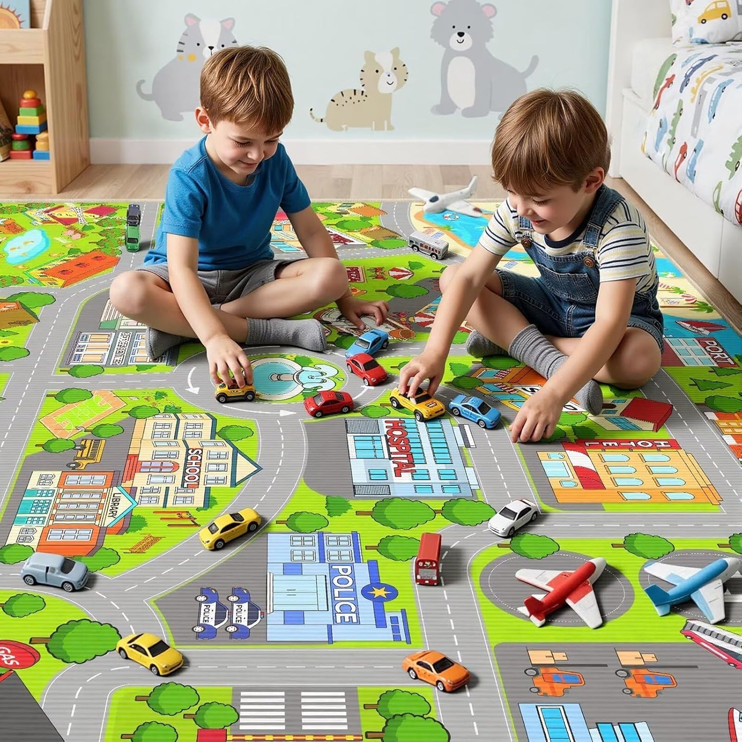 Auetwyona 3' 5' Boys Car Rugs for Kids Toy Cars,CityLife Airport & City Road Rug for Playroom Car Track Play Mat Carpet