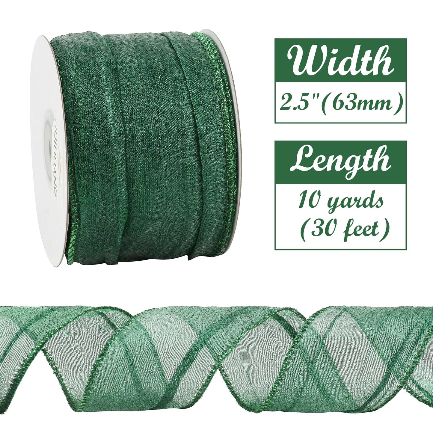 HUIHUANG Dark Green Wired Ribbon 2.5 inch Metallic Crinkle Green Wire Ribbon for Christmas Tree, Bows Making, Wreath Making Supplies, Gift Wrapping, Holiday Home Decor, DIY Crafts -10 Yards
