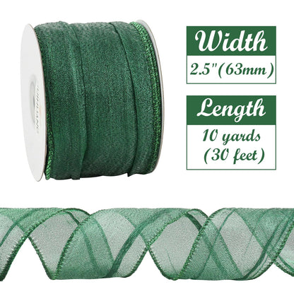 HUIHUANG Dark Green Wired Ribbon 2.5 inch Metallic Crinkle Green Wire Ribbon for Christmas Tree, Bows Making, Wreath Making Supplies, Gift Wrapping, Holiday Home Decor, DIY Crafts -10 Yards