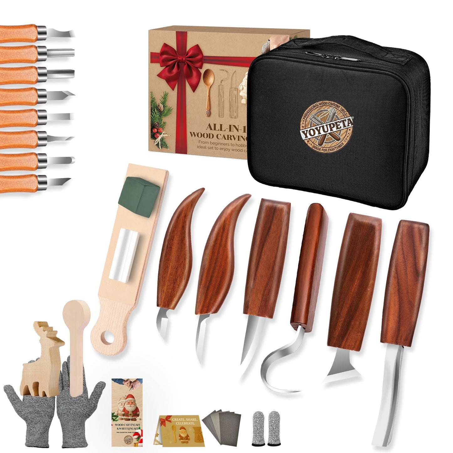YOYUPETA Wood Carving Kit, 32-Piece Professional Whittling & Carving Tool Set with Walnut Handle Knives, Detail Gouges, Sharpening Stone, Strop, Basswood Blanks and Gloves for Adult Hobbyists & Craft