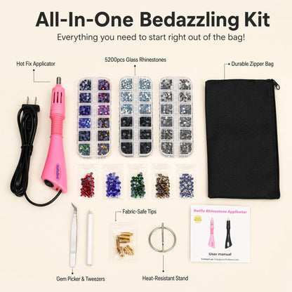 Worthofbest Hot Fix Rhinestone Applicator Tool Kit, 5200Pcs 3/4/5mm Glass Hotfix Rhinestones, Rhinestone Setter with 6 Tips, Stand, Zipper Bag, Tweezers & Gem Picker for Clothing Fabric DIY Crafts