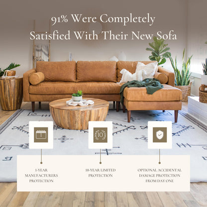 POLY & BARK Napa 104.5" Right-Facing Sectional Sofa – Cognac Tan Full-Grain Pure-Aniline Italian Leather, Feather-Down Cushions, Solid Wood Frame