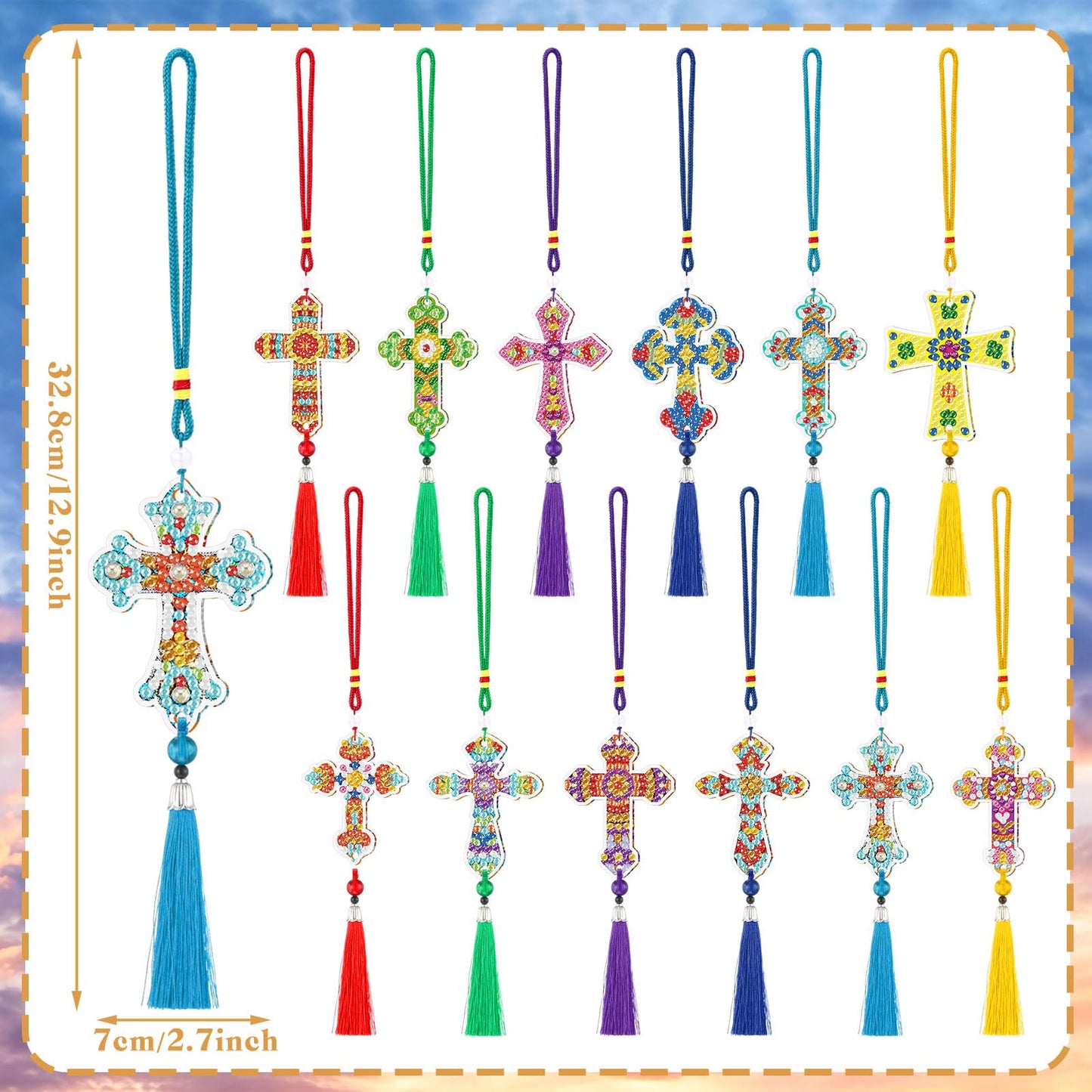 JenPen 12 Pcs Cross Diamond Art Kits Car Ornaments Double Sided Religious Cross Diamond Painting DIY 5d Christmas Painting Keychains Kits for Adults DIY Crafts