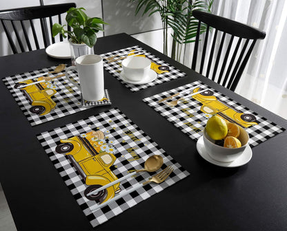 Sweet Honey Bee Placemats Set of 6, Washable Heat-Proof Table Mats for Kitchen Dinner Banquet, Summer Bee Yellow Truck